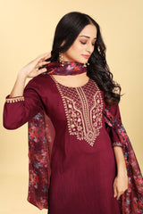 Wine Silk Embroidered Salwar Suit With Pant Dupatta