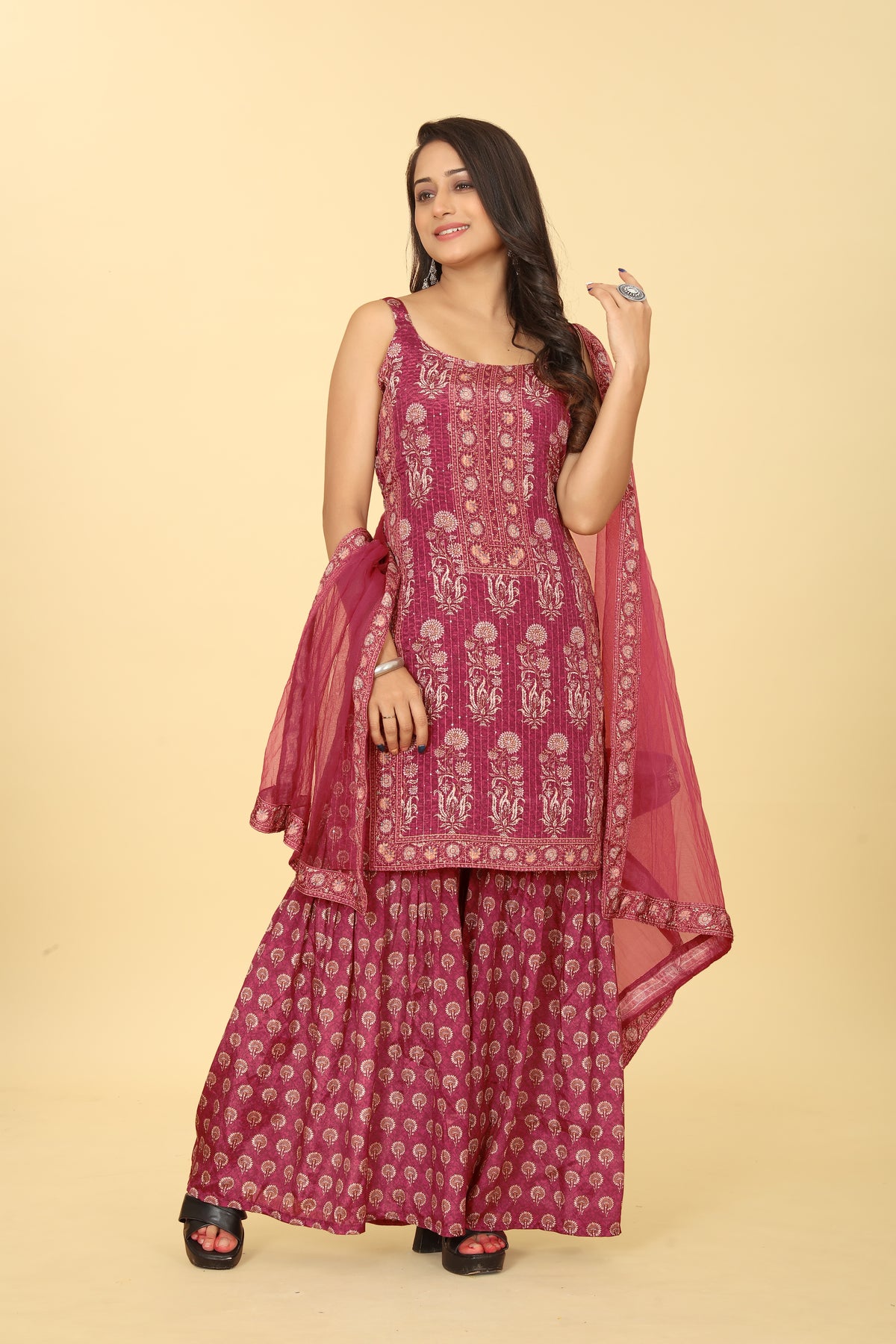 Maroon Viscose Chinon Digital Printed Sharara Salwar Suit With Dupatta