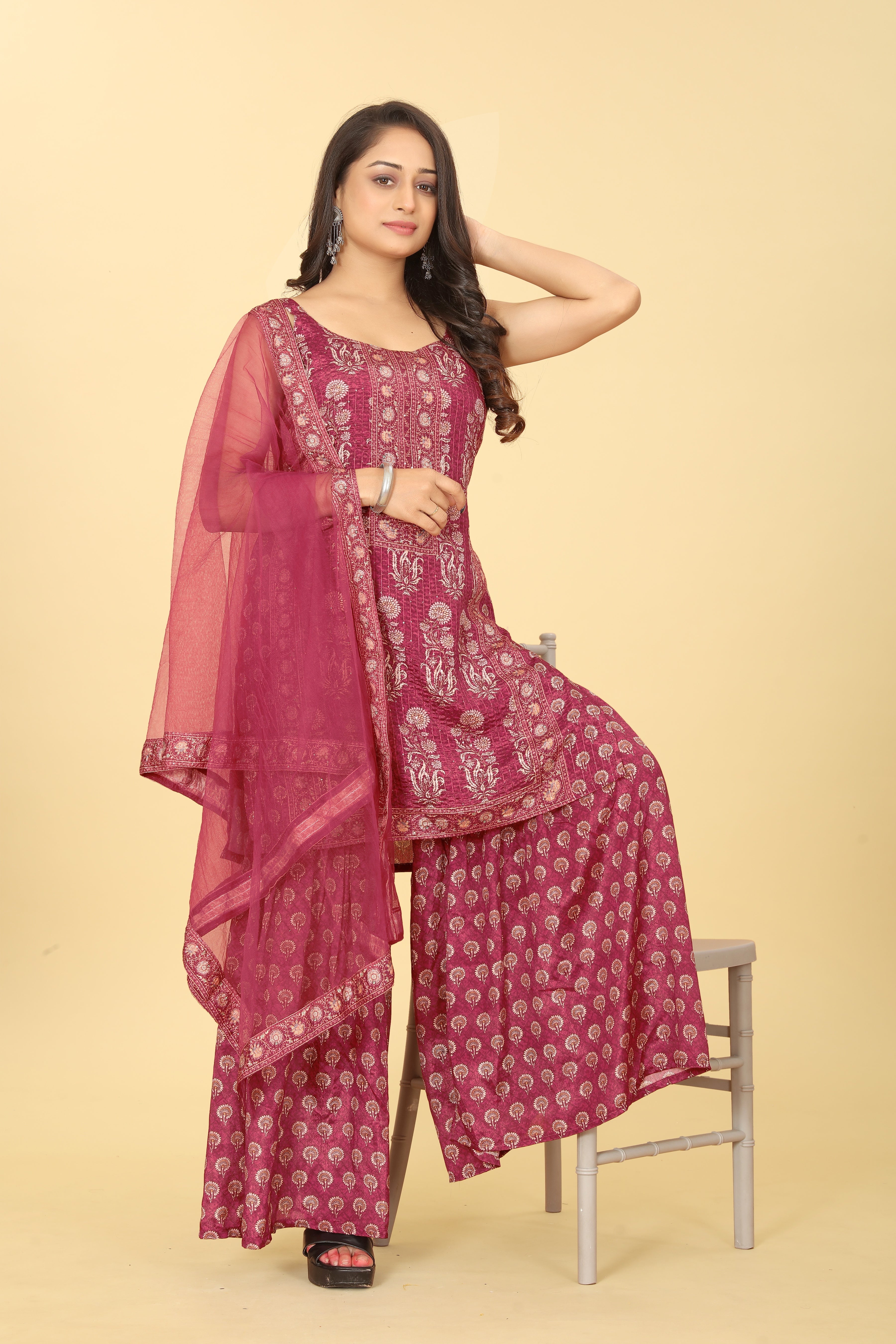 Maroon Viscose Chinon Digital Printed Sharara Salwar Suit With Dupatta