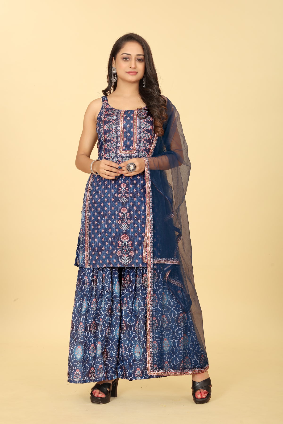 Blue Viscose Chinon Digital Printed Sharara Salwar Suit With Dupatta