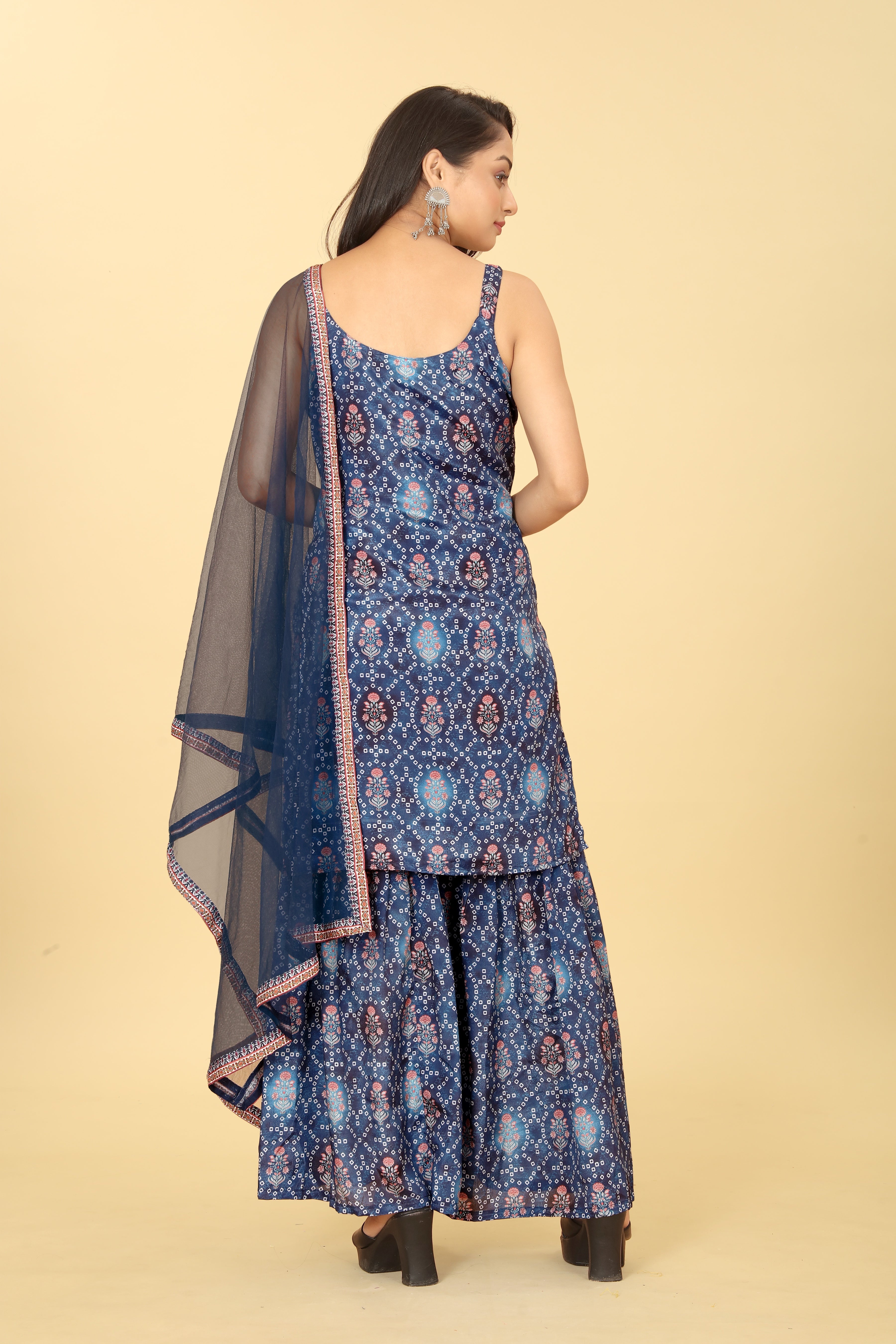 Blue Viscose Chinon Digital Printed Sharara Salwar Suit With Dupatta