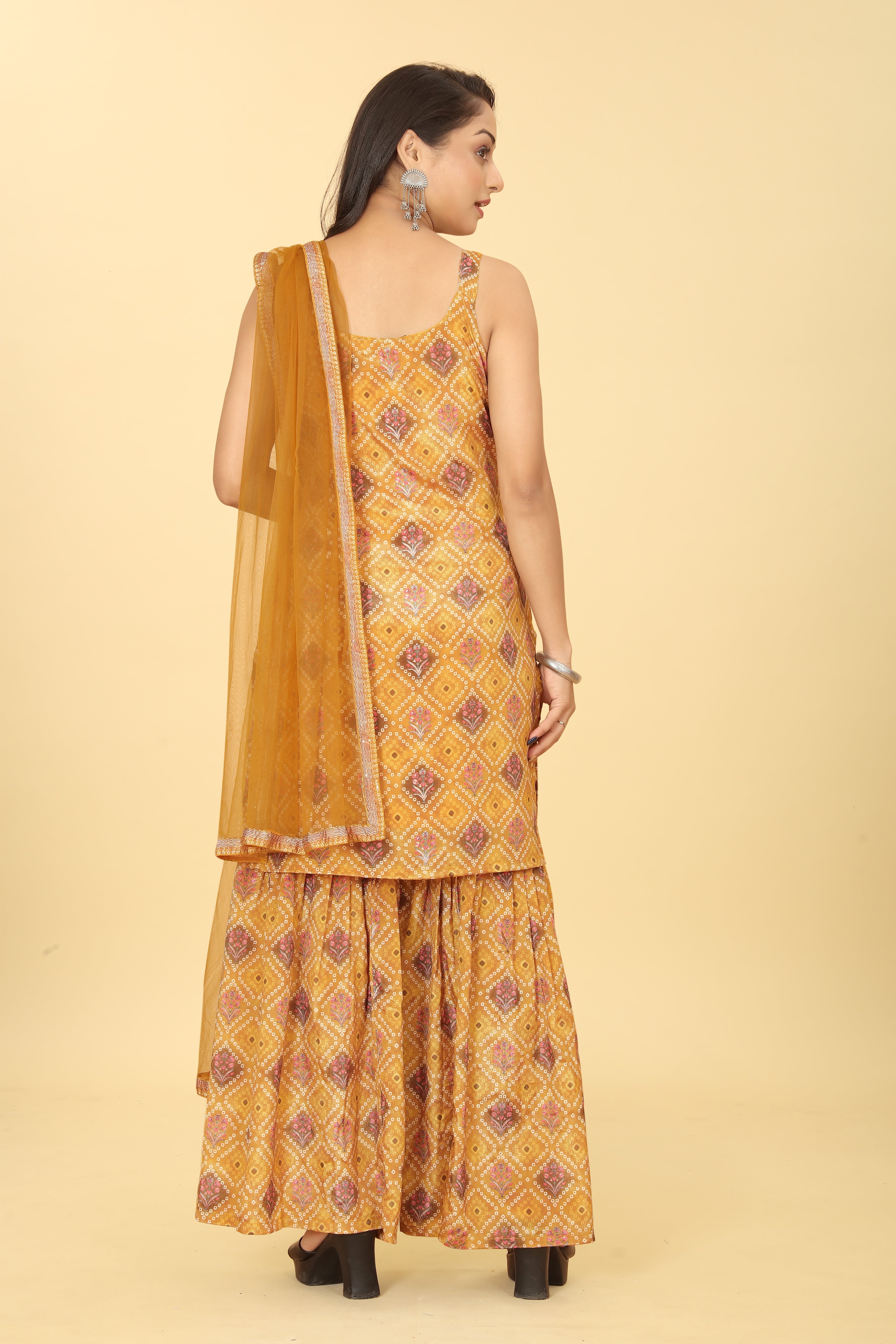 Mustard Viscose Chinon Digital Printed Sharara Salwar Suit With Dupatta