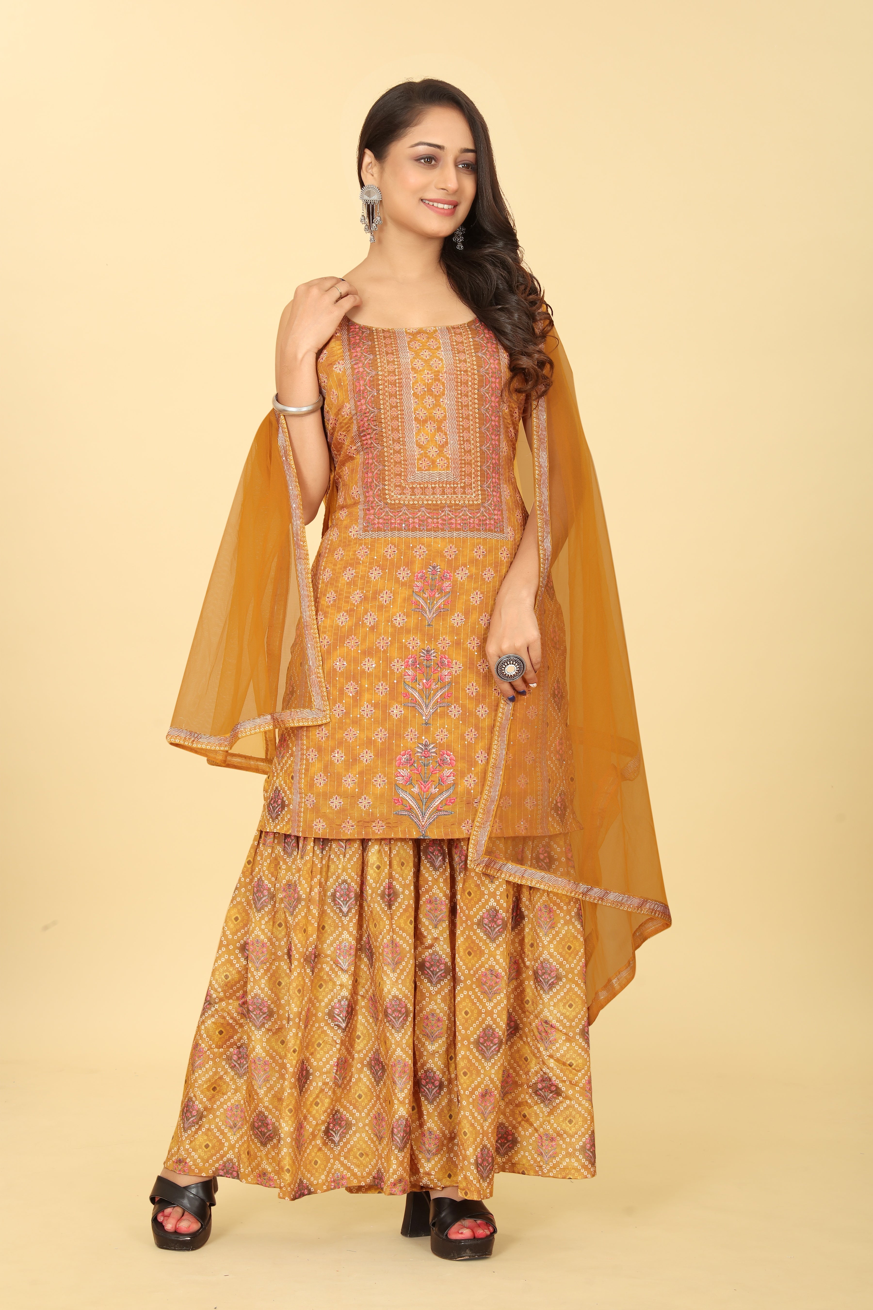 Mustard Viscose Chinon Digital Printed Sharara Salwar Suit With Dupatta