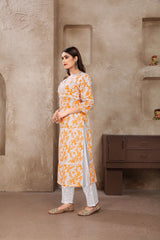 Chikankari Kurti imprimé numériquement en coton jaune avec pantalon