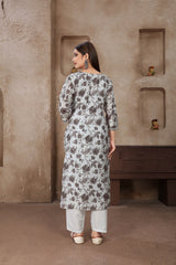 Grey Cotton Digital Printed Chikankari  Kurti With Pant