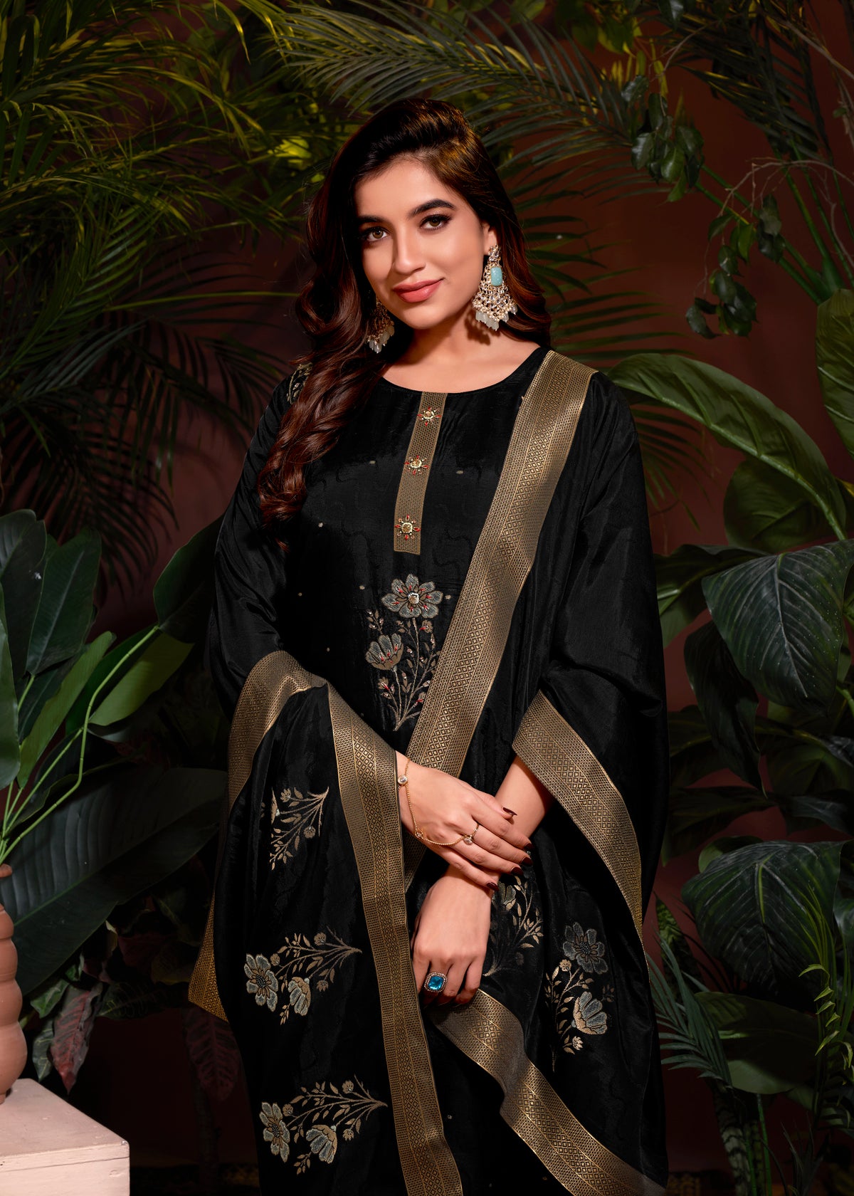 Black Viscose Jacquard Hand Salwar Suit With Pant Dupatta