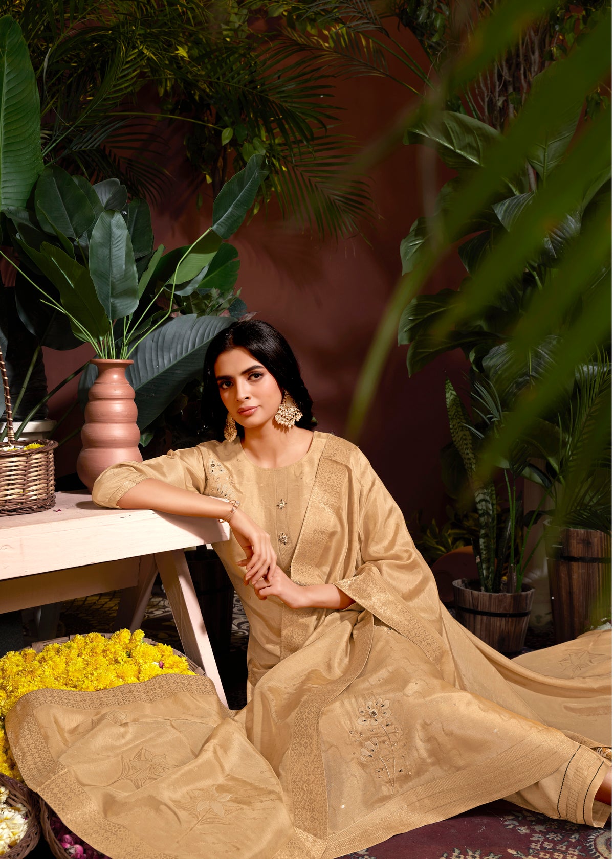 Beige Viscose Jacquard Hand Salwar Suit With Pant Dupatta