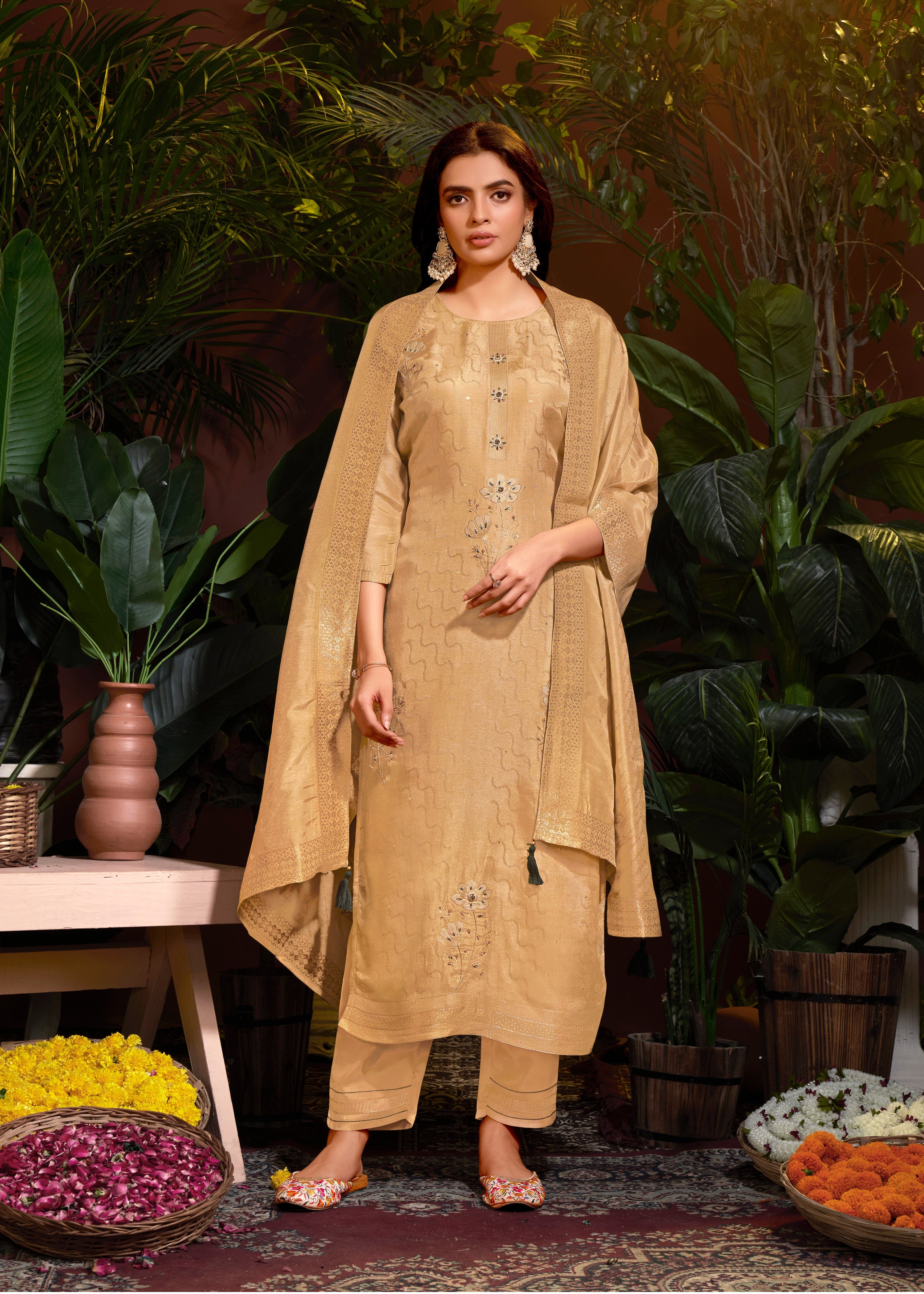 Beige Viscose Jacquard Hand Salwar Suit With Pant Dupatta