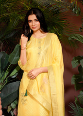 Costume Salwar en jacquard de viscose jaune avec pantalon Dupatta