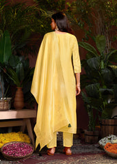 Costume Salwar en jacquard de viscose jaune avec pantalon Dupatta