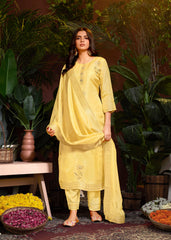 Costume Salwar en jacquard de viscose jaune avec pantalon Dupatta