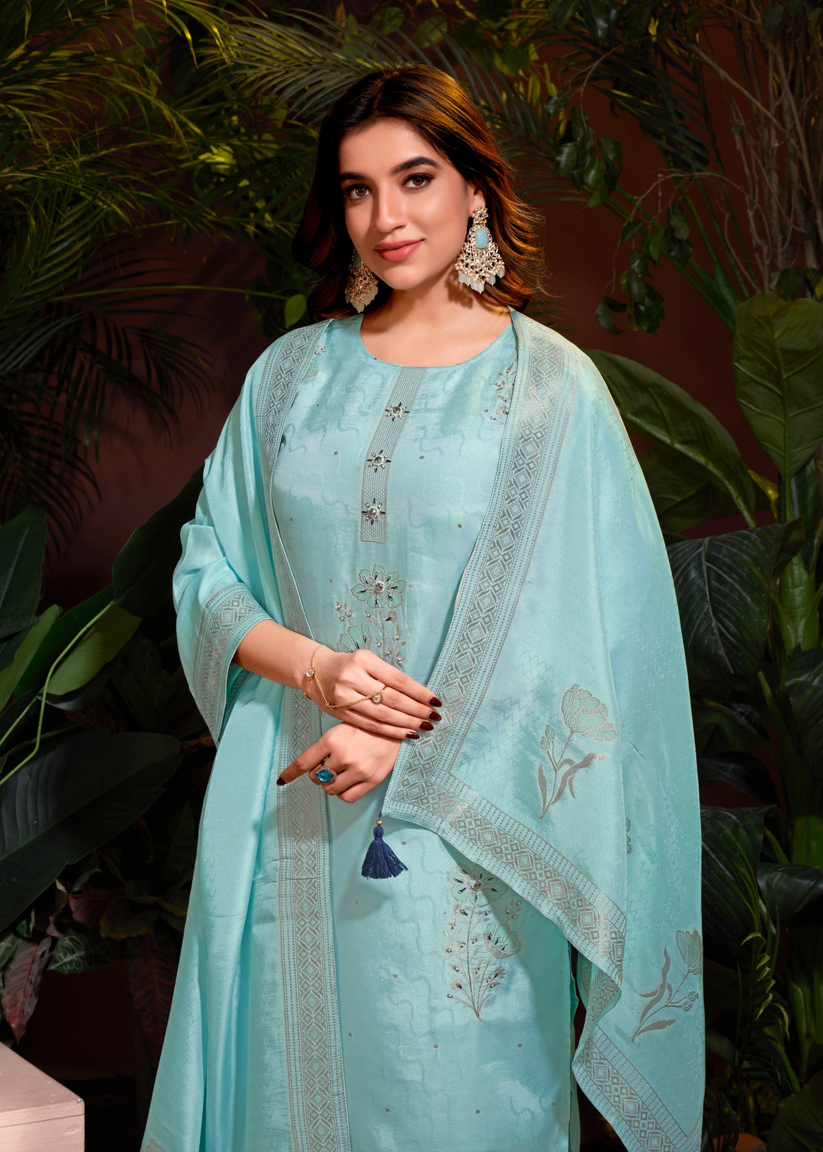 Sky Blue Viscose Jacquard Hand Salwar Suit With Pant Dupatta