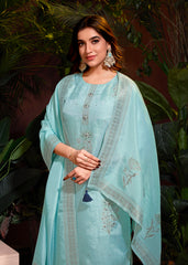 Sky Blue Viscose Jacquard Hand Salwar Suit With Pant Dupatta