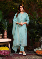 Sky Blue Viscose Jacquard Hand Salwar Suit With Pant Dupatta