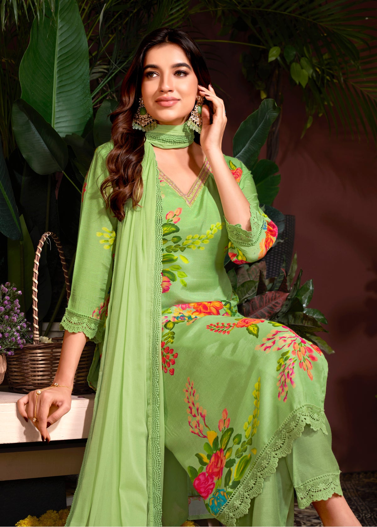 Green Muslin Embroidery Lace Printed Salwar Suit With Pant Dupatta