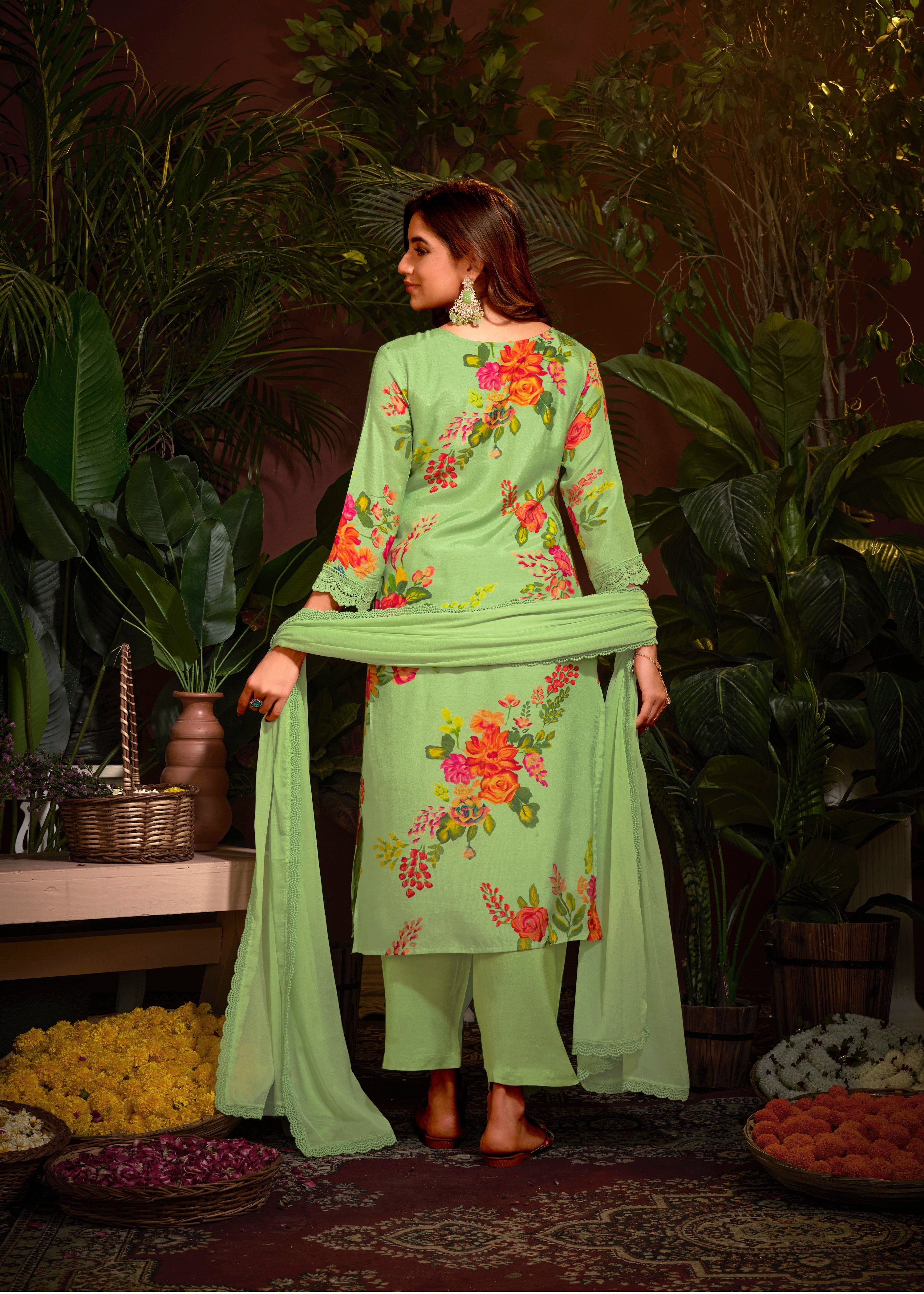 Green Muslin Embroidery Lace Printed Salwar Suit With Pant Dupatta