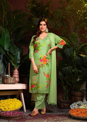 Green Muslin Embroidery Lace Printed Salwar Suit With Pant Dupatta