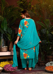 Sea Blue Muslin Embroidery Lace Printed Salwar Suit With Pant Dupatta