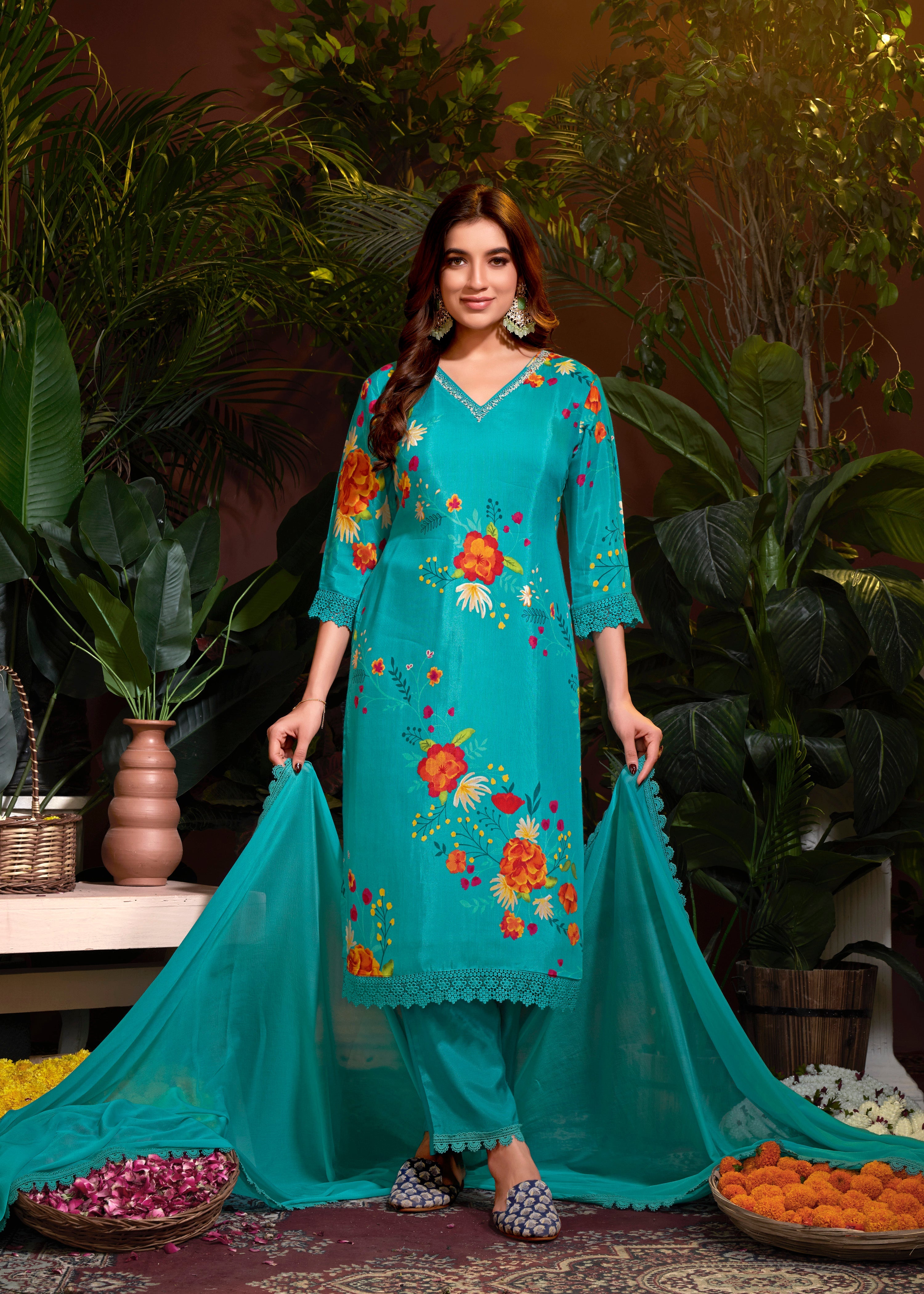 Sea Blue Muslin Embroidery Lace Printed Salwar Suit With Pant Dupatta