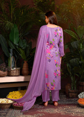 Costume Salwar imprimé en mousseline mauve avec broderie en dentelle et pantalon Dupatta