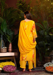 Costume Salwar en mousseline jaune avec broderie en dentelle imprimée et pantalon Dupatta