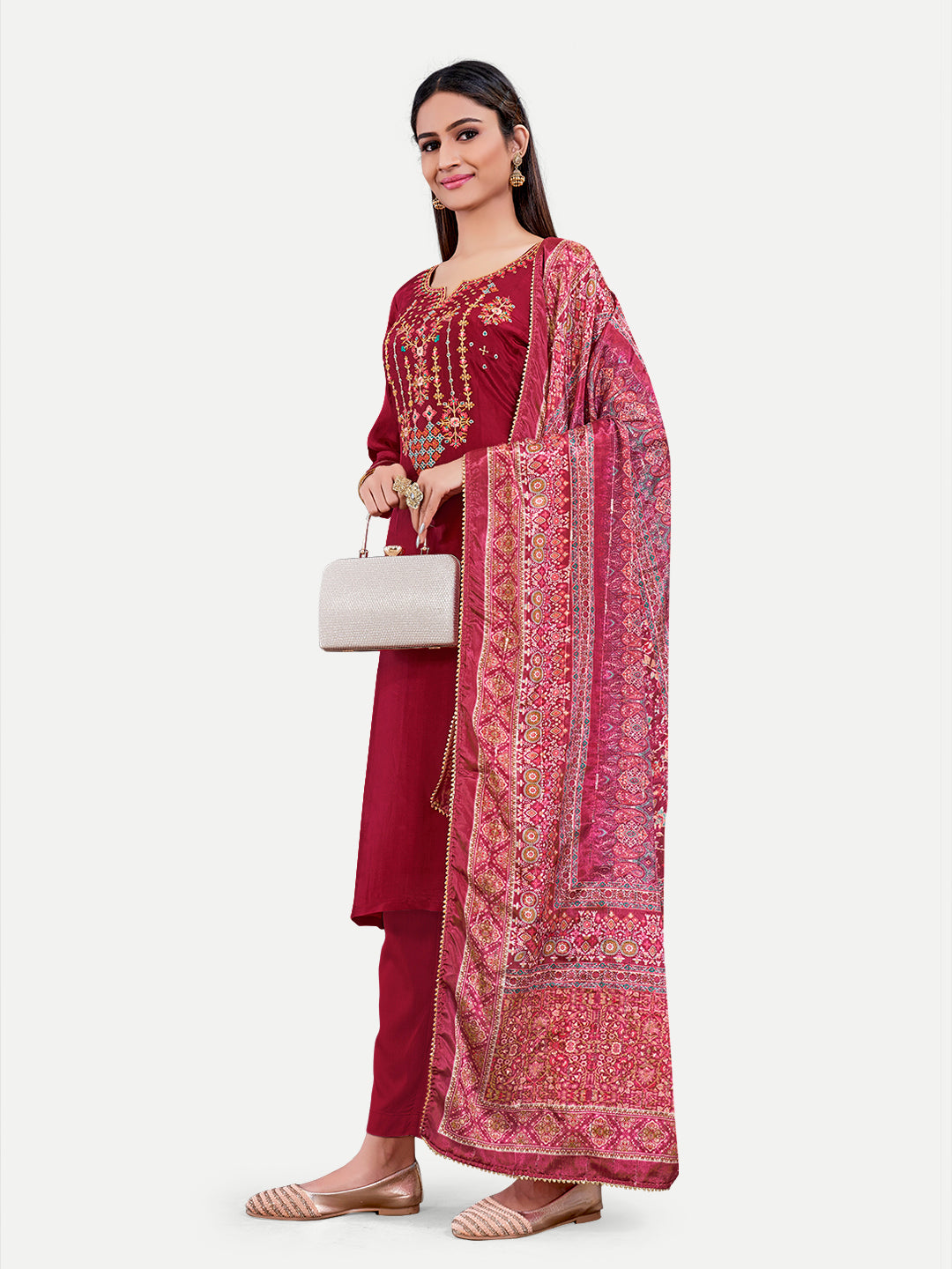 Costume Salwar en soie Upada brodée marron avec pantalon imprimé Dupatta