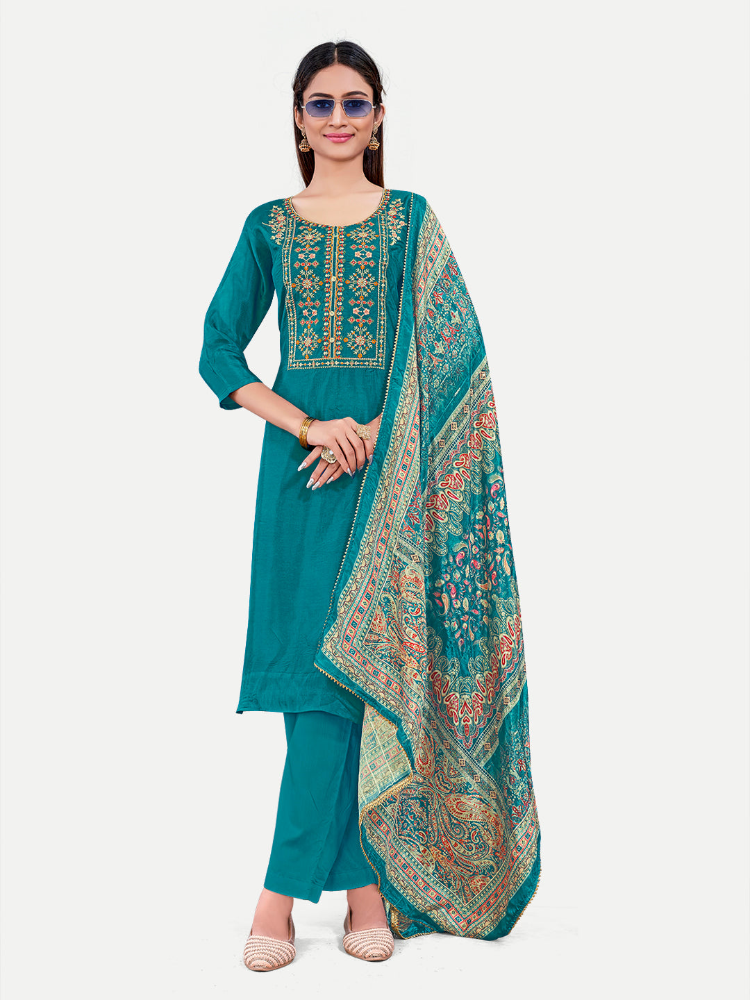 Teal Stitched Upada Silk Embroidered Salwar Suit with Pant Printed Dupatta