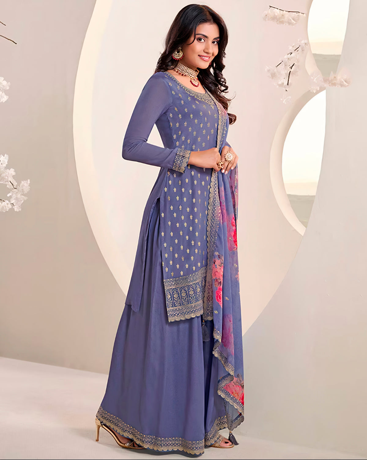 Blue Chinon Embroidered Sharara Suit Set