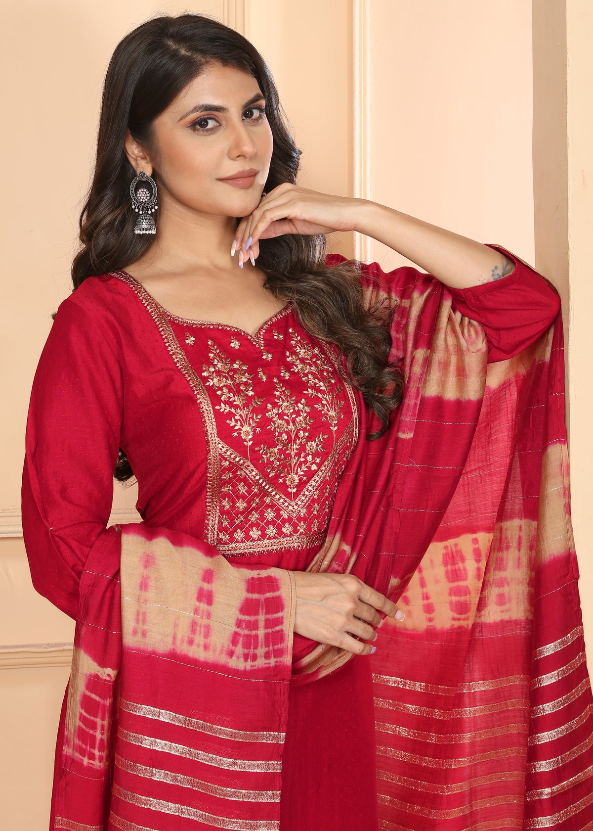 Red Vertical Silk Sequance Embroidery Salwar Suit With Pant Dupatta