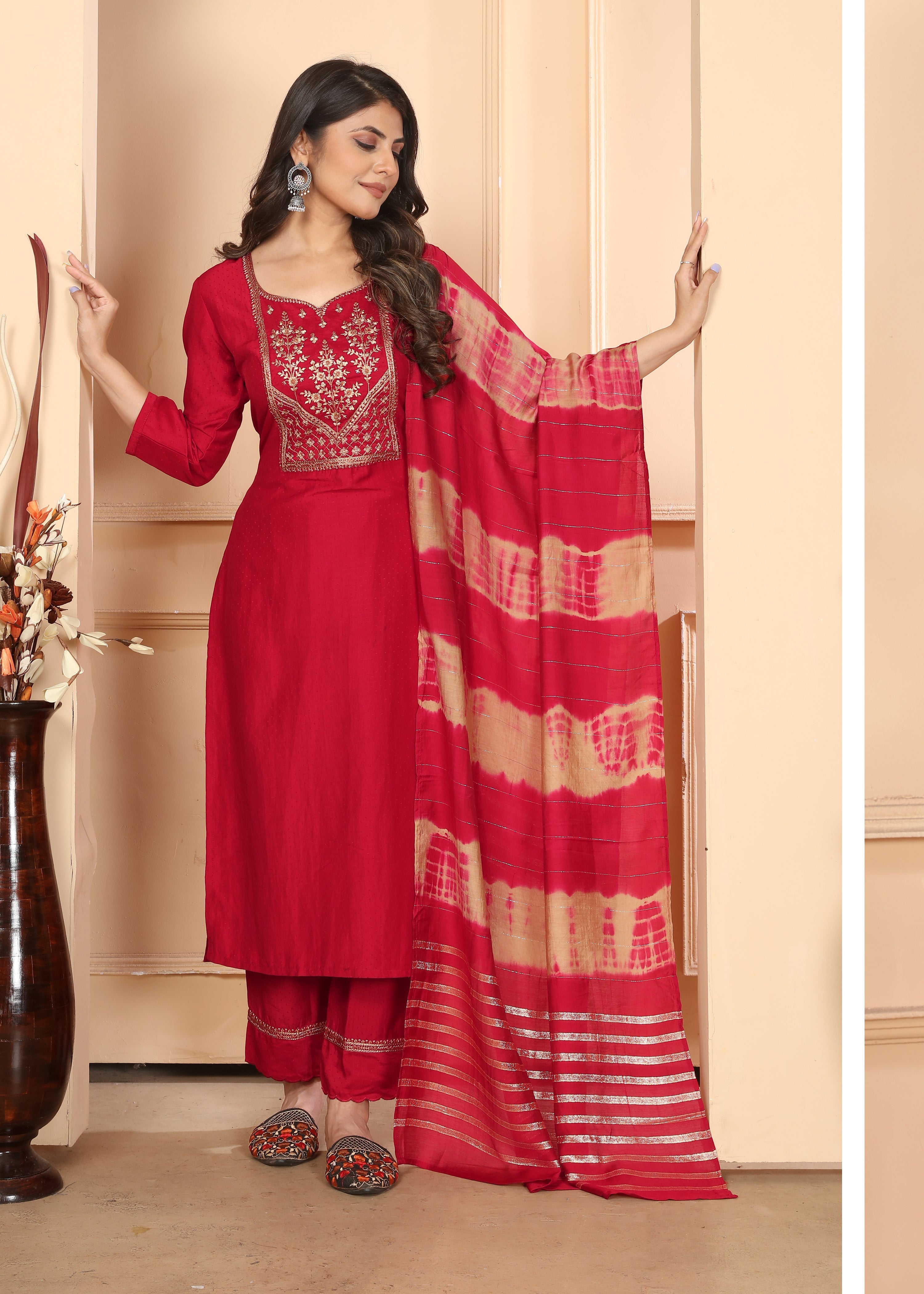 Red Vertical Silk Sequance Embroidery Salwar Suit With Pant Dupatta