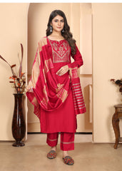 Red Vertical Silk Sequance Embroidery Salwar Suit With Pant Dupatta