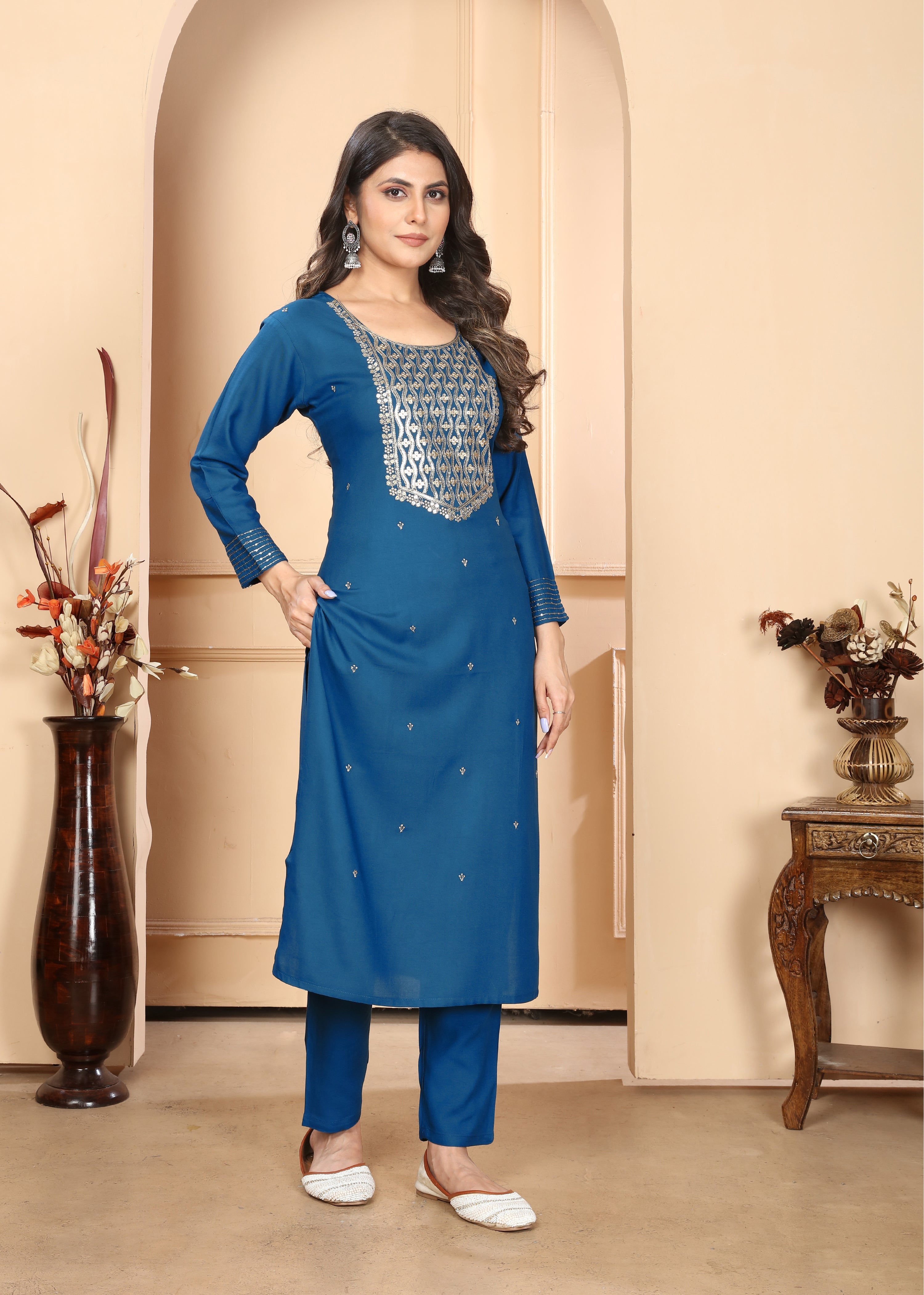 Blue Rayon Sequance Embroidery Salwar Suit With Pant Dupatta