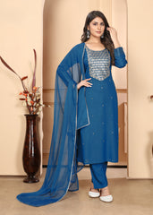 Blue Rayon Sequance Embroidery Salwar Suit With Pant Dupatta