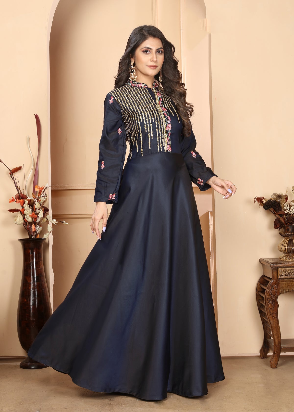 Blue Triva Silk Embroidery Ready to Wear Gown