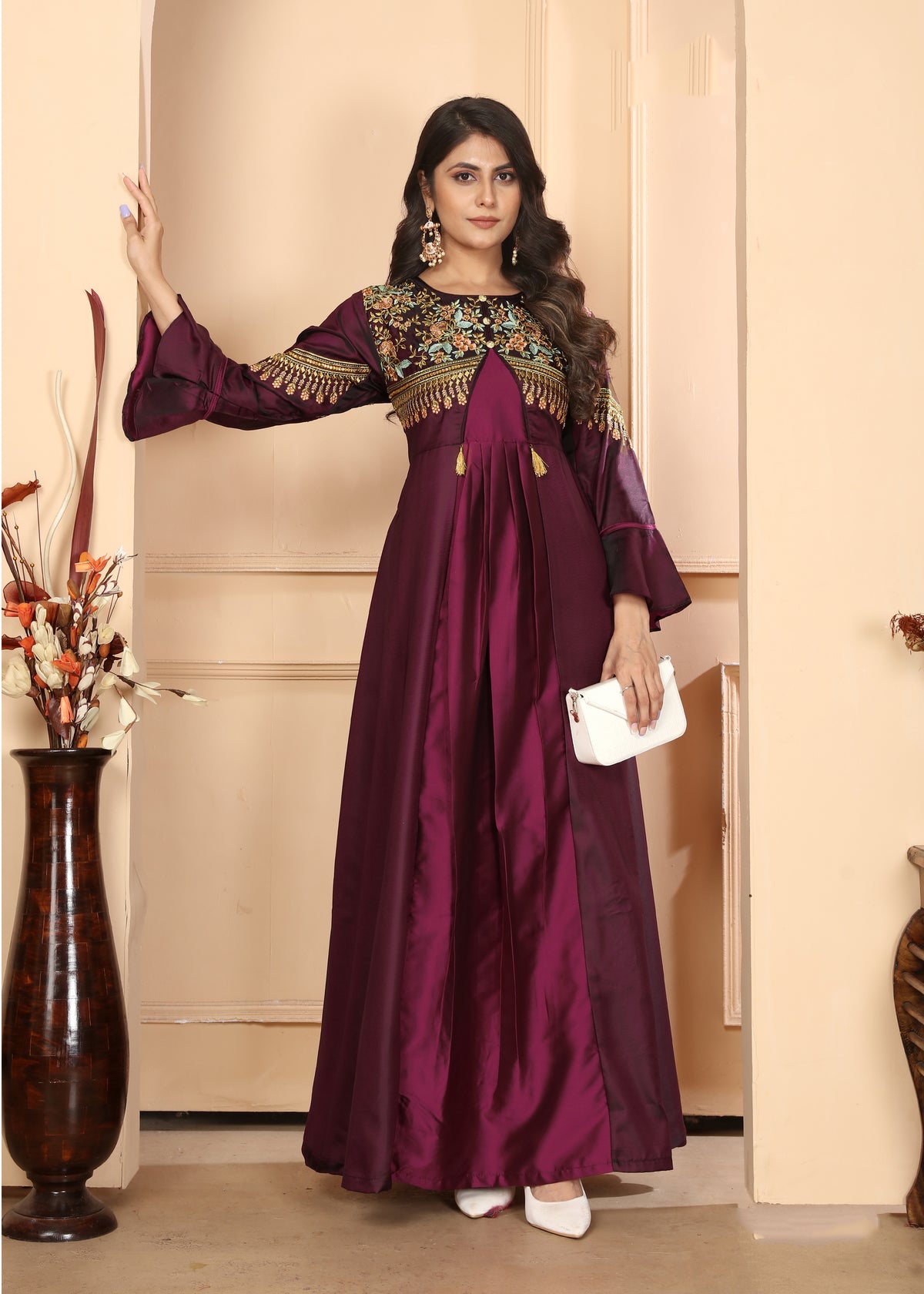 Wine Triva Silk Embroidery Ready to Wear Gown