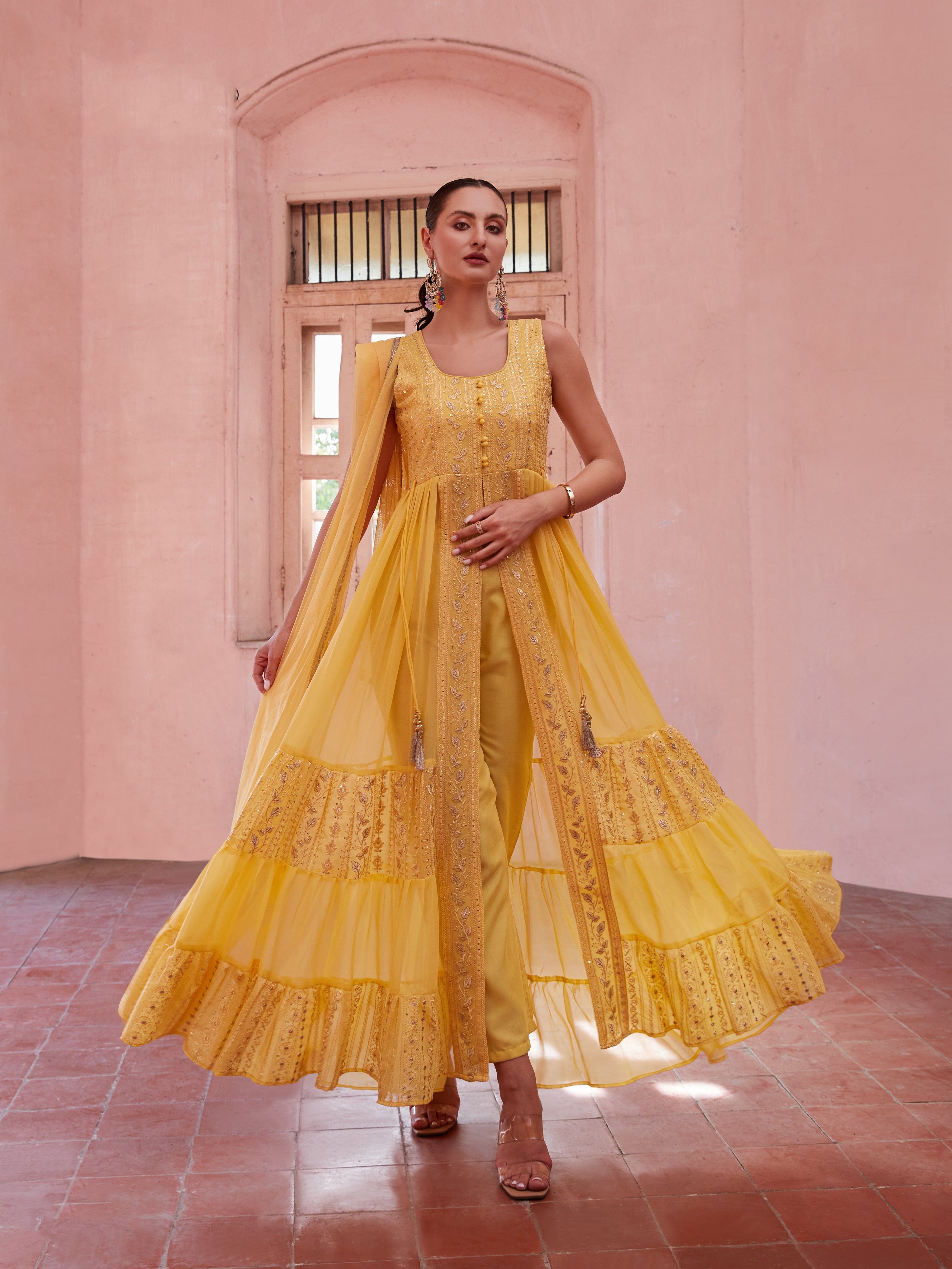 Yellow Georgette Thread Sequins Flared Anarakali Gown