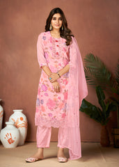 Costume Salwar rose en organza imprimé numérique avec pantalon Dupatta