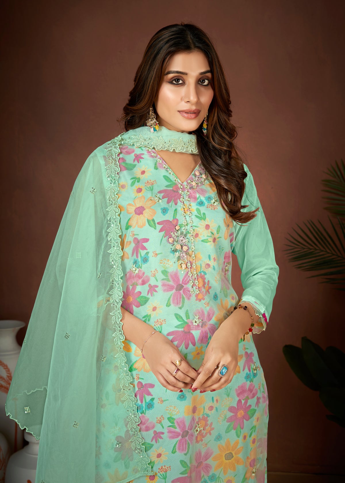 Sea Green Organza Digital Print Hand Salwar Suit With Pant Dupatta