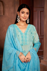 Costume Salwar en organza bleu imprimé en dentelle avec pantalon Dupatta