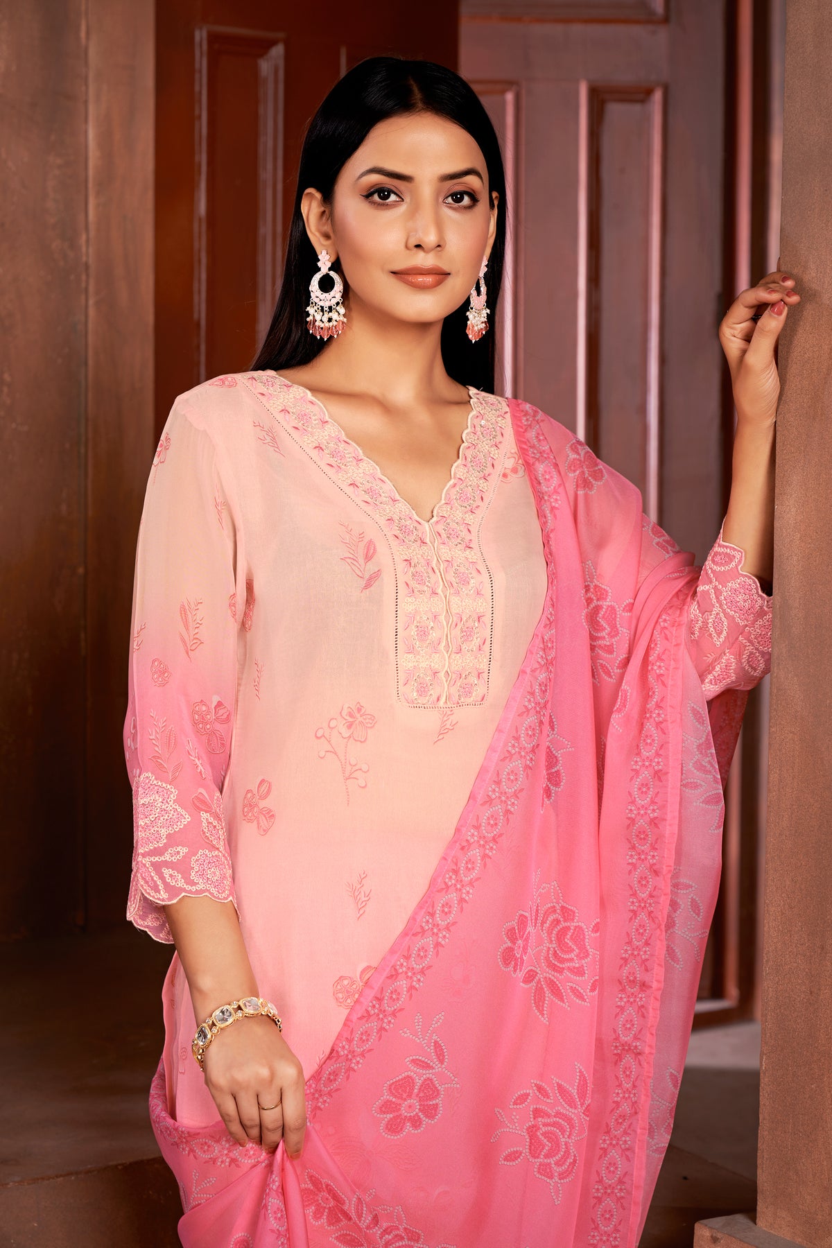 Pink Organza Printed Lace Salwar Suit With Pant Dupatta