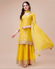 Costume Salwar brodé tissé en chinon jaune avec Sharara Dupatta