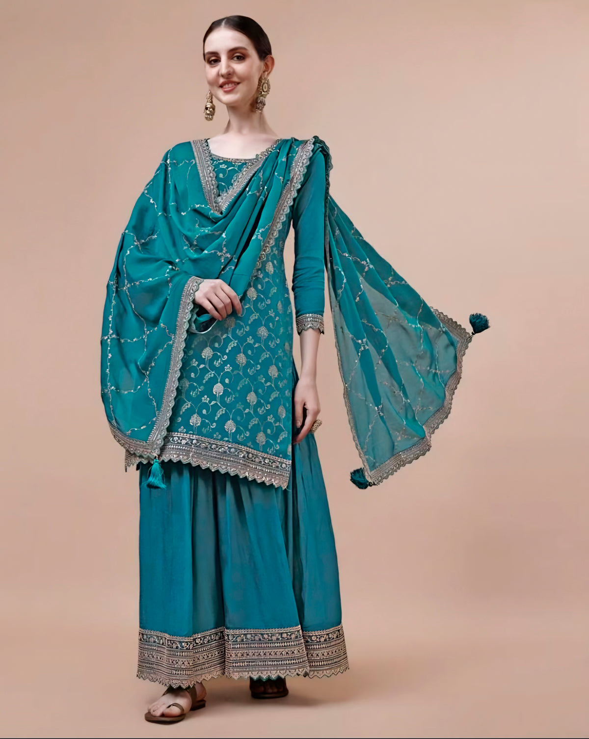 Blue Chinon Woven Embroidered Salwar Suit With Sharara Dupatta