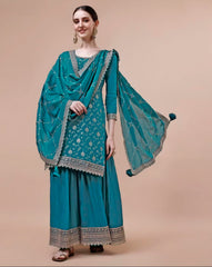 Blue Chinon Woven Embroidered Salwar Suit With Sharara Dupatta