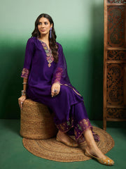 Purple Chanderi Embroidered Readymade Salwar Suit With Bottom Dupatta