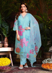 Sky Blue Organza Digital Printed Hand Salwar Suit With Pant Dupatta