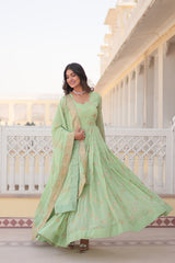 Pista Faux Georgette Sequins Embroidered Gown With Dupatta