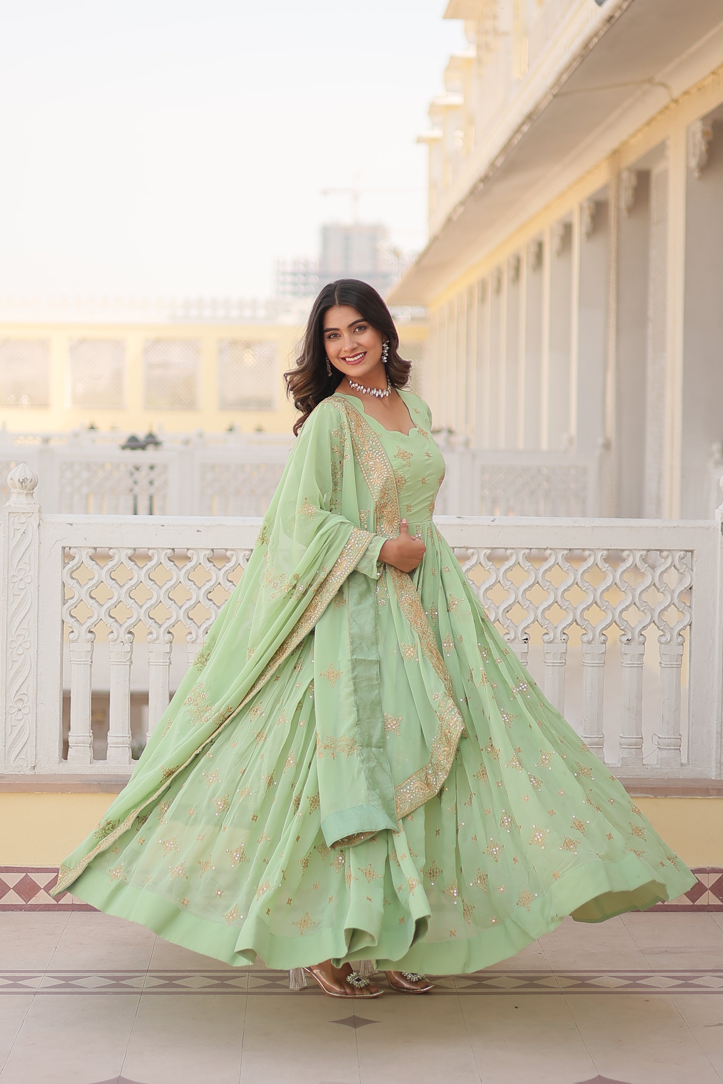 Pista Faux Georgette Sequins Embroidered Gown With Dupatta