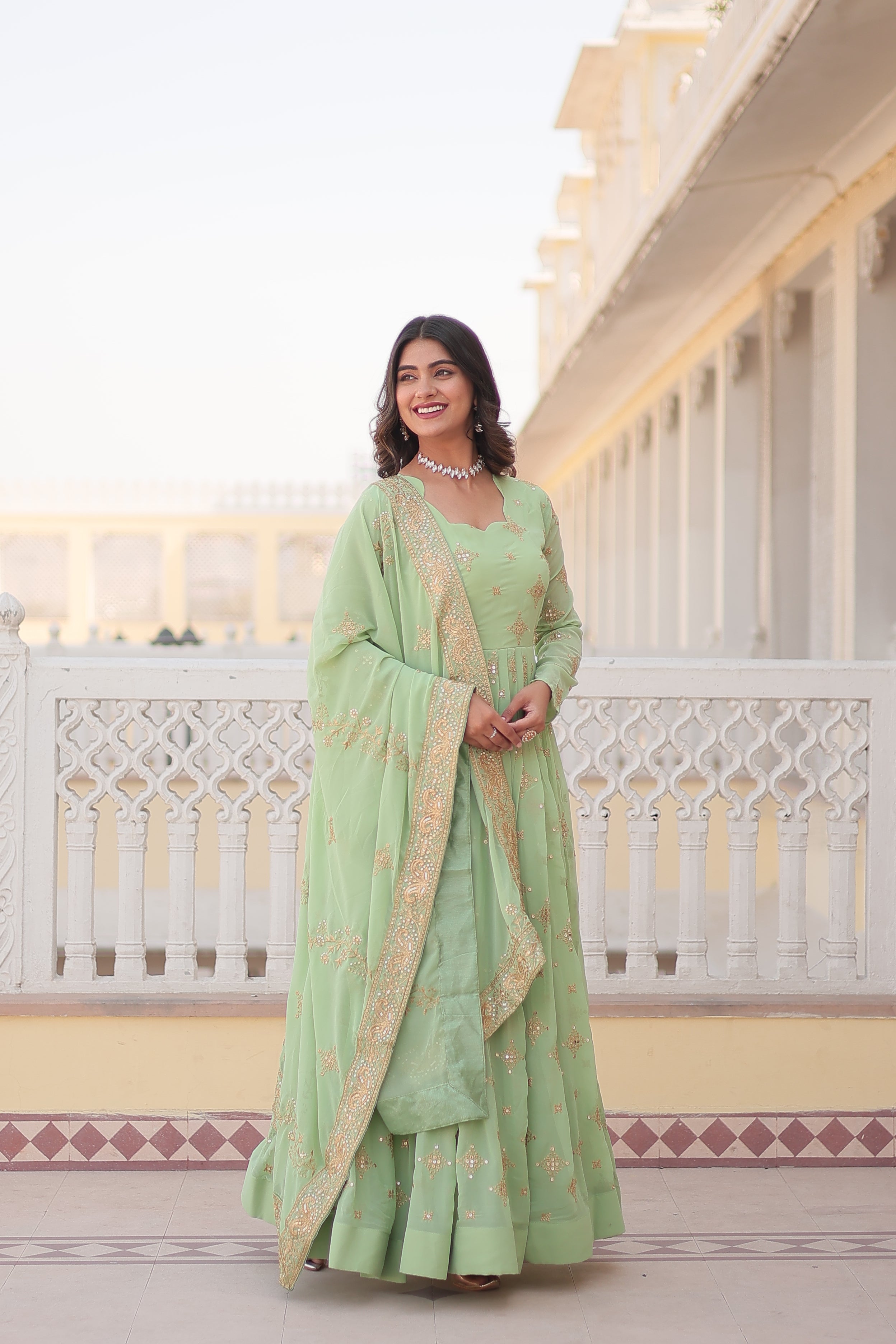 Pista Faux Georgette Sequins Embroidered Gown With Dupatta