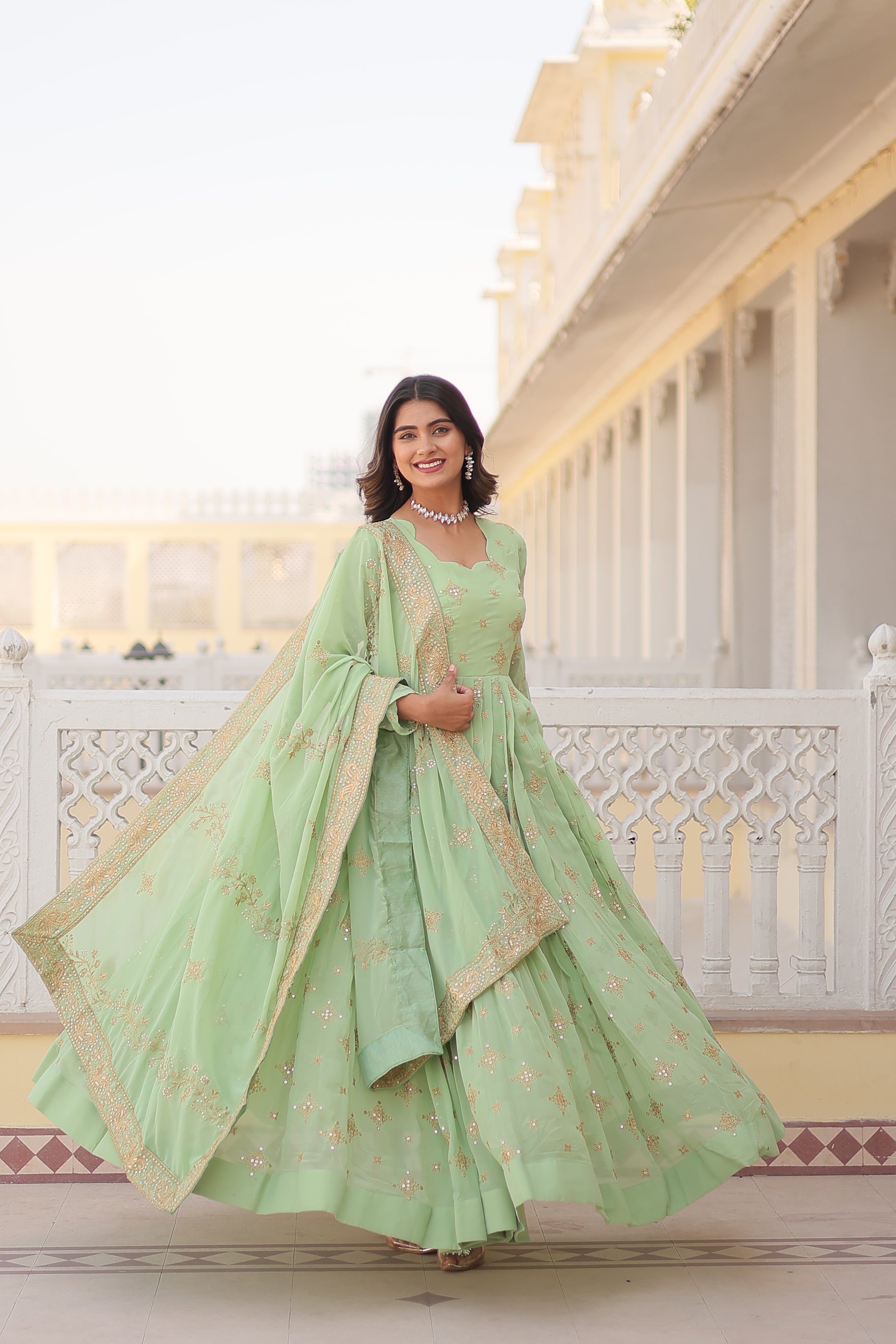 Pista Faux Georgette Sequins Embroidered Gown With Dupatta