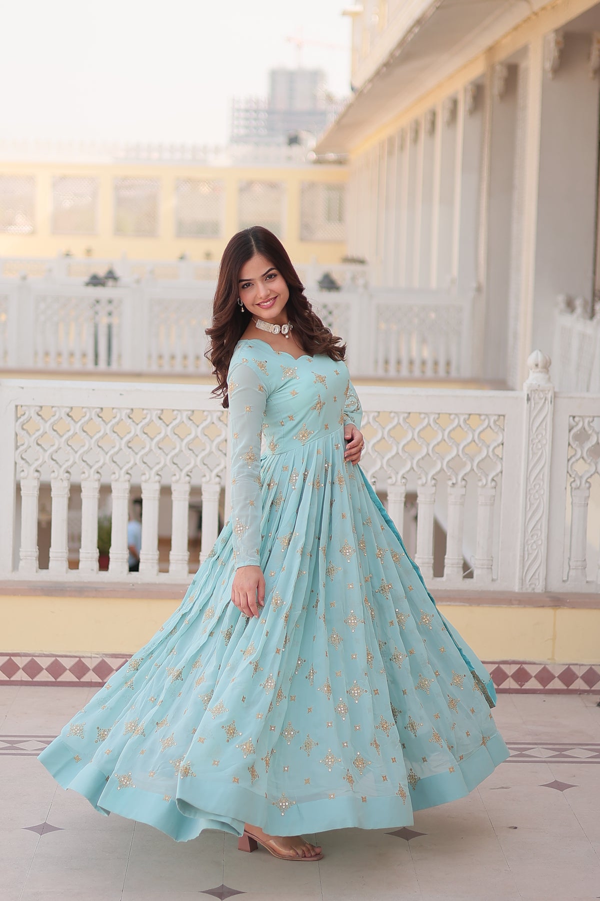 Sky Blue Faux Georgette Sequins Embroidered Gown With Dupatta